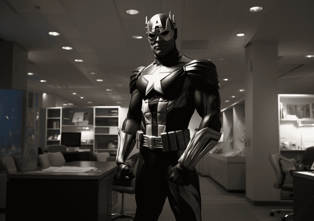 A superhero stands in an office building at night, aware of his moral superiority.