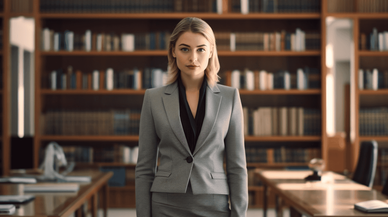 A female lawyer stands in a bright, classically furnished room that reflects the charm of a courtroom or a time-honoured law office.